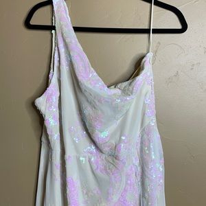 ONE SHOULDER LONG WHITE FLORAL SEQUIN DRESS